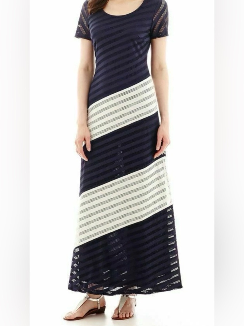Trulli Navy & White Diagonal Striped Pointelle Maxi Dress Women’s Sz Medium